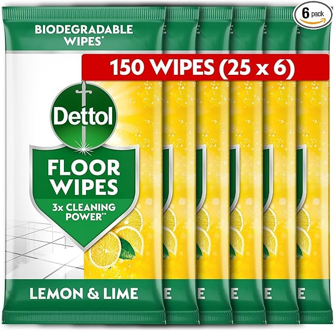 Dettol, Floor Cleaner, Antibacterial, Large Biodegradable Wipes, Citrus, 150 Wipes (25 x 6pck) Disinfectant, Kitchen and Bathroom, Home Hygiene, Kills 99.9 Percent of Germs
