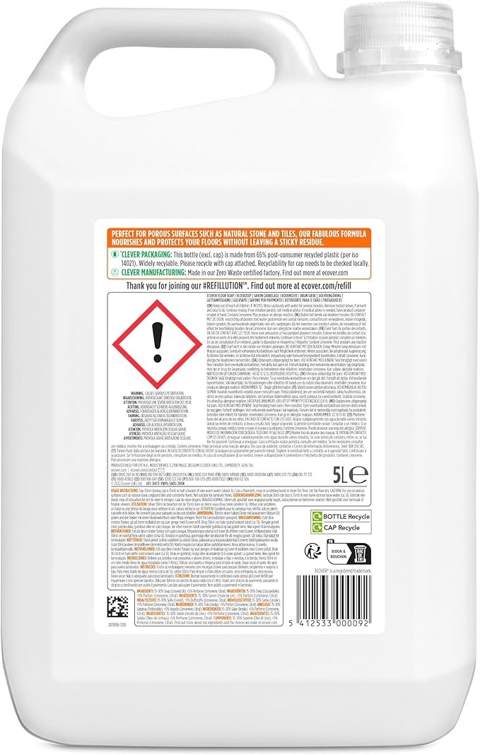 Ecover Floor Soap Refill, Multi-Surface Floor Soap For A Bright Finish, Orange and Lemon Scent, Pack of 1, 1 x 5L