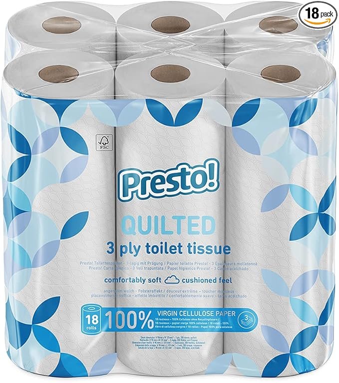 Presto! Toilet Roll, 3-ply Quilted, Velvety Soft, Unscented, 18 Rolls (1 Pack of 18), 200 Sheets per Roll, 3600 Count, FSC Certified