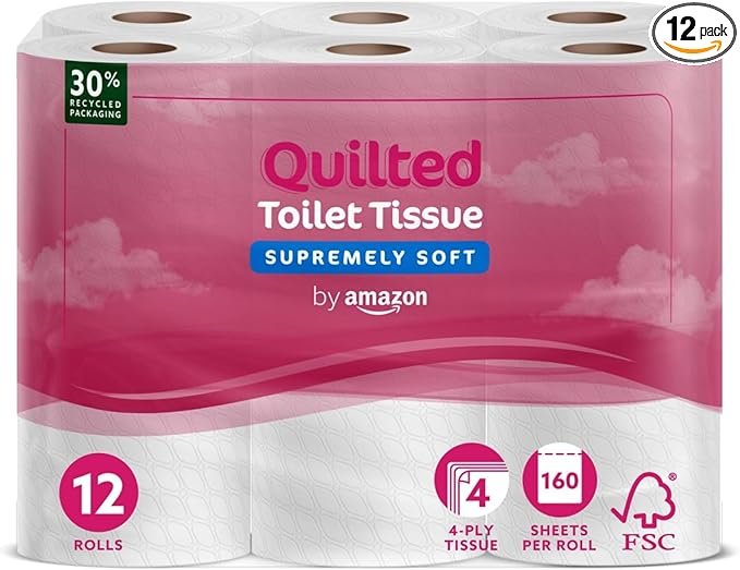 4-Ply Quilted Toilet Tissues, Unscented, 12 Rolls (1 Pack of 12), 160 Sheets per Roll