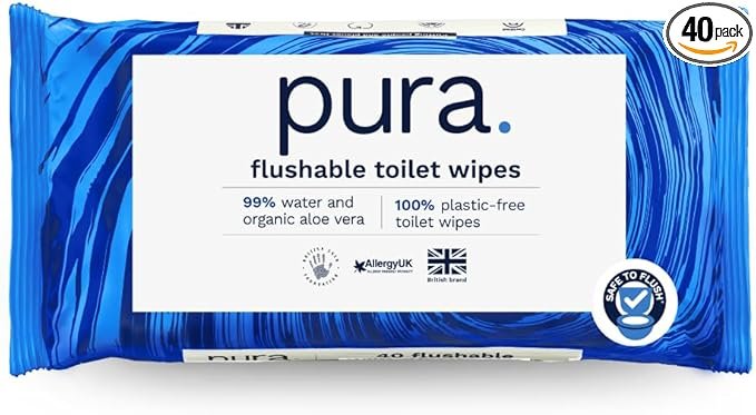Pura Flushable Moist Toilet Tissue Wipes, 1 Pack of 40 Wet Wipes, 100% Plastic Free, 99% Water Clean Washlets, Certified 'Fine to Flush' Biodegradable, Compostable, Vegan, Gentle Clean