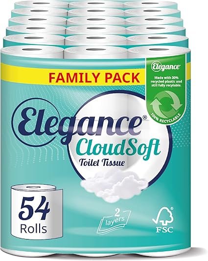 Elegance Cloud Soft Toilet Roll - Bulk Buy Pack of 54 Rolls - Soft, 2-Ply, Recycled, Eco-Friendly, UK Manufactured