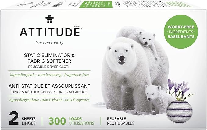 ATTITUDE Reusable Dryer Sheets, Static Eliminator & Fabric Softener, Fragrance-Free Laundry, 300 Loads, 2 Sheets (1 Pack)