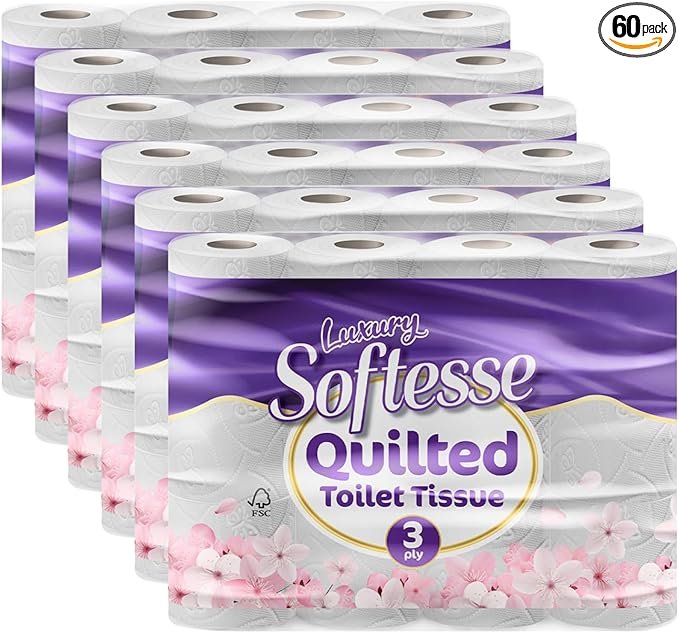 Softesse Toilet Paper 60 Rolls, 3 Ply Toilet Rolls Bulk Buy, Luxuriously Soft, Gentle and Hypoallergenic Sustainable Toilet Rolls - Quilted Toilet Roll for Your Family - Dermatologically Tested (60)