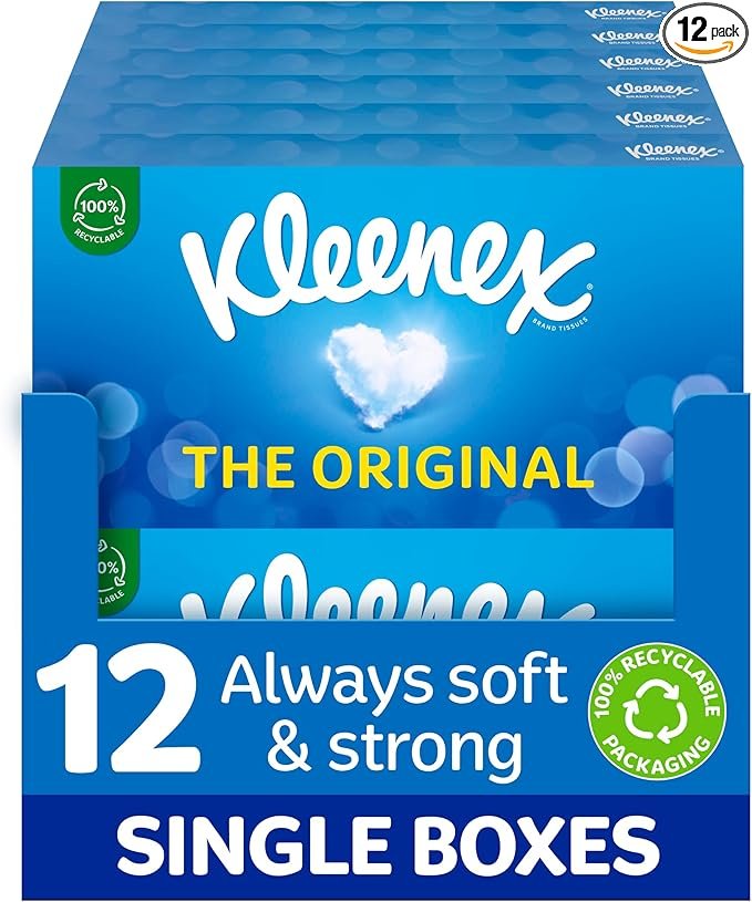Kleenex Original Facial Tissues - Pack of 12 Tissue Boxes - Soft Tissues for Everyday Use - Gentle on Your Family's Skin with a Touch of Cotton