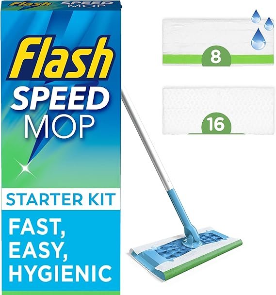 Flash Speedmop Floor Cleaner Starter Kit, Fast Easy and Hygienic (1 Handle, 8 Wet plus 16 Dry Refills), Trap and Lock Daily Dirt, Grease and Grime Without Getting Down On Your Knees