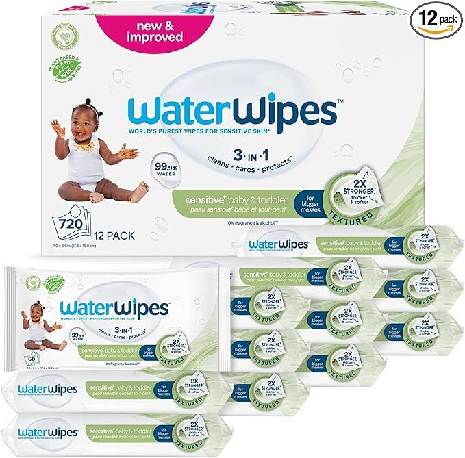 WaterWipes Sensitive+ Baby & Toddler Wipes, 720 Count (12 Packs), 3-In-1 Cleans, Cares, Protects, 99.9% Water, Textured Clean, Unscented