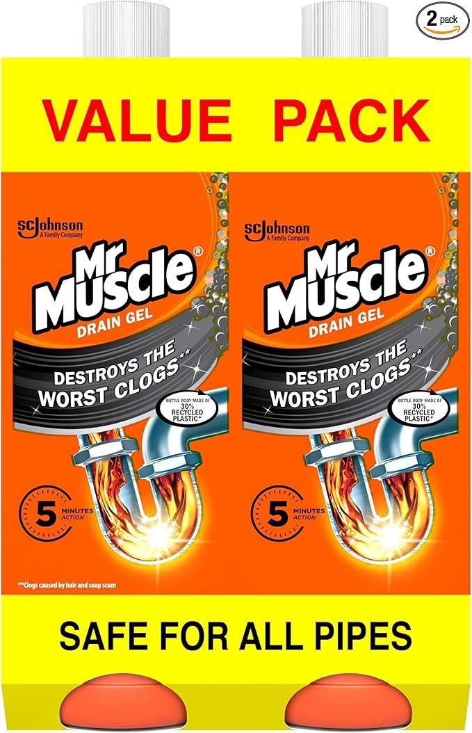 Mr Muscle Drain Unblocker, Sink & Drain Cleaner, Fast Acting Heavy Duty Gel Formula, Dissolves Clogs, Works 3x Better Than Bleach, Safe for All Pipes, Duo Pack, (2 x 1L)