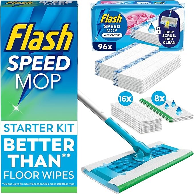 Flash Speed Mop Starter Kit Bundle Value Pack, Handle + 16 Dry + 8 Lemon Anti-bac + 96 Wild Orchid Wet Refills