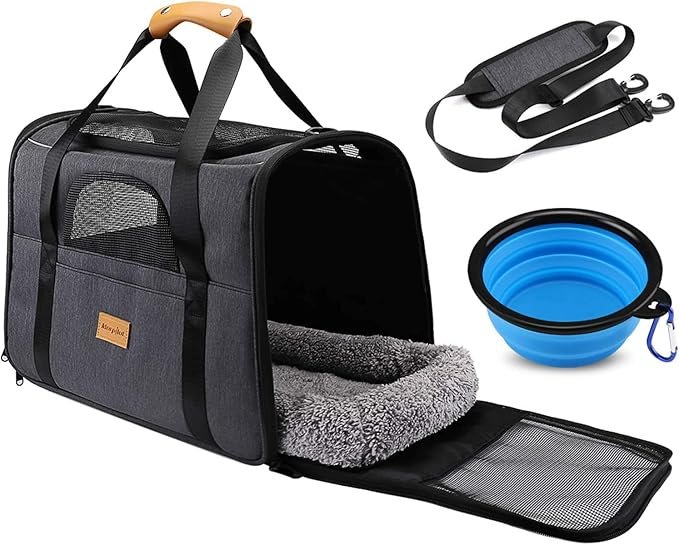 Morpilot Cat Carrier - Airline Approved, Top Opening Portable Dog Bag with Breathable Mesh/Removable Mat, Adjustable Shoulder Strap & Bowl, Foldable Travel Cage, M, Grey (Max 7kg)